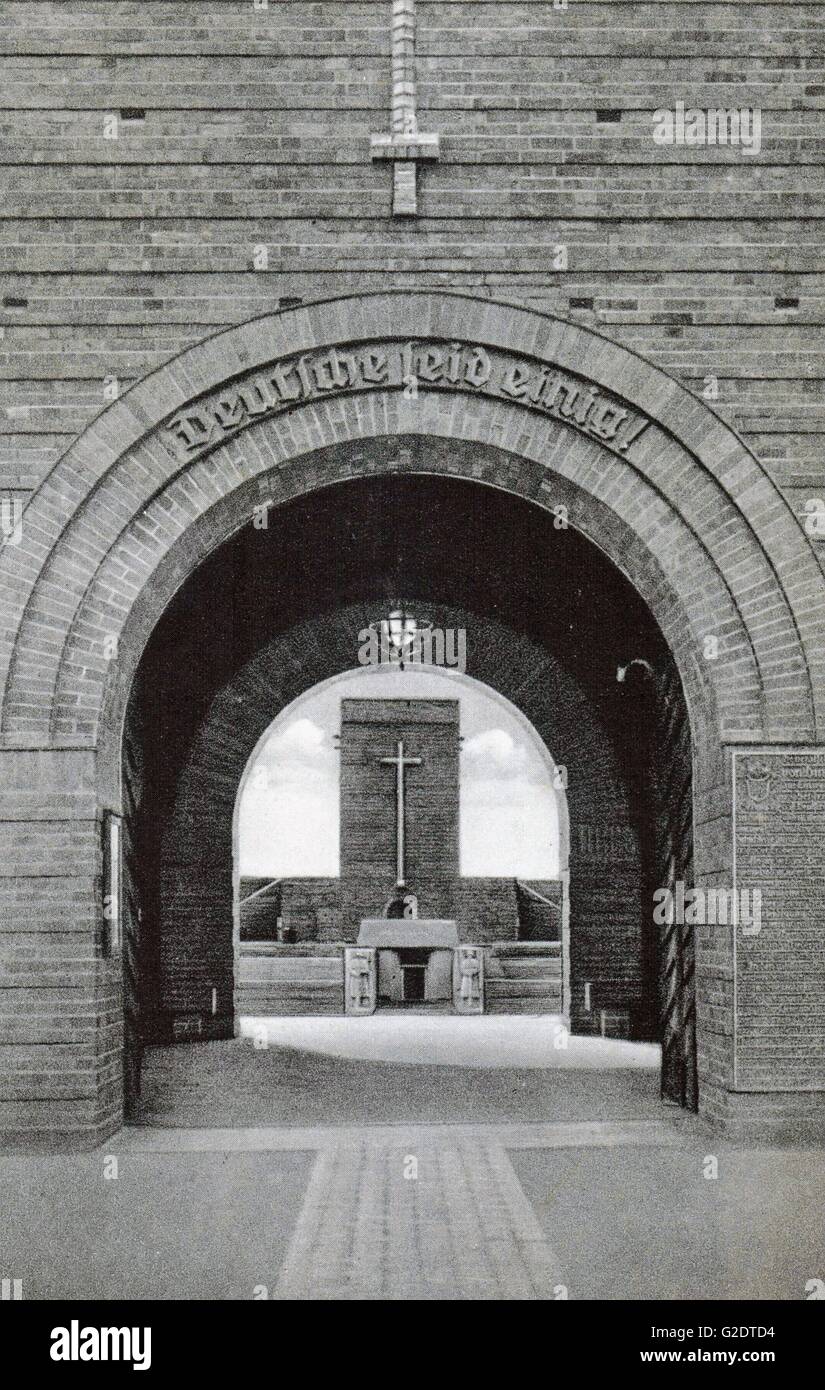 Tannenberg Memorial, East Prussia.  Entrance tower to Hindenburg`s Tannenberg Memorial, and view to the Hindenburg Tower, with his tomb, by September 1935. Stock Photo